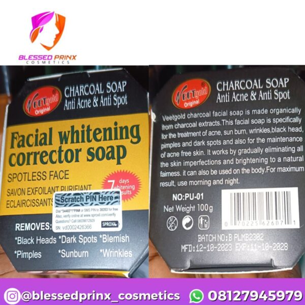 VEETGOLD CHARCOAL ANTI ACNE AND ANTI SPOTS CORRECTOR WHITENING FACIAL SOAP (1PICS)